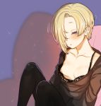  areolae azuse_neko bags_under_eyes black_bra black_shirt blonde_hair blush bra breasts closed_eyes collarbone commentary_request ear_piercing hair_over_one_eye idolmaster idolmaster_cinderella_girls light_particles long_sleeves nipple_slip nipples pantyhose parted_lips piercing shirasaka_koume shirt short_hair sitting sleeping sleeping_upright small_breasts solo underwear 