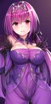  beeyan breasts circlet commentary_request covered_navel dress fate/grand_order fate_(series) large_breasts long_hair purple_hair red_eyes scathach_(fate)_(all) scathach_skadi_(fate/grand_order) strapless strapless_dress 