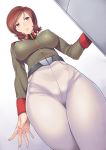  belt blush breasts brown_eyes brown_hair covered_nipples crotch_seam from_below gradient gradient_background gundam gundam_unicorn hips impossible_clothes impossible_shirt large_breasts mihiro_oiwakken military military_uniform nagase_haruhito pants parted_lips puffy_nipples shirt short_hair solo tight tight_pants uniform 