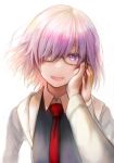  1girl :d fate/grand_order fate_(series) glasses hair_over_one_eye harunatsu_akifumi hood hood_down hooded_jacket jacket looking_at_viewer mash_kyrielight necktie open_clothes open_jacket open_mouth pink_hair purple_eyes red_neckwear short_hair smile upper_body 