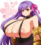  1girl afuro areola_slip areolae bare_shoulders belt blush breasts bursting_breasts collar dress fate/extra_ccc fate/grand_order fate_(series) female gigantic_breasts hair_ornament hair_ribbon large_areolae long_hair looking_at_viewer o-ring pants passion_lip pink_eyes purple_eyes purple_hair ribbon simple_background solo standing upper_body 