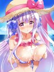  areola_slip areolae azur_lane blue_sky blush bow breasts cleavage cloud commentary_request cygnet_(azur_lane) day front-tie_top full-face_blush hair_bow hat horizon kurimomo large_breasts lavender_hair long_hair ocean plaid purple_eyes sexually_suggestive sky solo straw_hat suggestive_fluid 