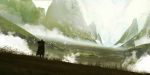  absurdres asuteroid backpack bad_id bad_pixiv_id bag bird commentary_request day flock fog fur_trim grass highres hill hood hood_down iris_(asuteroid) mountain no_humans original outdoors scenery solo standing valley 