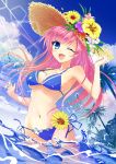  ;d bangs bikini blue_bikini blue_eyes breasts commentary_request flower hand_on_headwear hat hat_flower highres long_hair looking_at_viewer marimo_ouji medium_breasts moe2018 navel one_eye_closed open_mouth original palm_tree pink_hair side-tie_bikini smile solo straw_hat sun_hat swimsuit tree wading water 