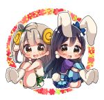  animal_costume animal_ears bangs bjcrk453 blue_background blue_hair blush bunny_costume bunny_ears bunny_tail chibi commentary eyebrows_visible_through_hair grey_hair hair_between_eyes horns leg_grab long_hair looking_at_viewer love_live! love_live!_school_idol_festival love_live!_school_idol_project minami_kotori multiple_girls one_side_up open_mouth outline sheep_costume sheep_ears sheep_horns sitting smile sonoda_umi tail thighhighs white_outline yellow_eyes 
