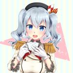  :d bangs beret black_hat blue_eyes blush breasts buttons collared_shirt commentary cup epaulettes eyebrows_visible_through_hair frilled_sleeves frills gloves grey_shirt hair_between_eyes happy hat holding holding_cup jacket kantai_collection kashima_(kantai_collection) kerchief large_breasts lips long_hair long_sleeves looking_at_viewer military military_jacket military_uniform neckerchief open_mouth parune_chigetsu red_neckwear shirt silver_hair smile solo striped striped_background tsurime twintails uniform upper_body wavy_hair white_gloves white_jacket 