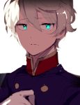  aldnoah.zero bad_id bad_pixiv_id blonde_hair blue_eyes closed_mouth commentary_request eyebrows_visible_through_hair high_collar hiiragi_fuyuki jacket looking_at_viewer male_focus military military_uniform partial_commentary purple_jacket short_hair simple_background slaine_troyard solo uniform upper_body white_background 