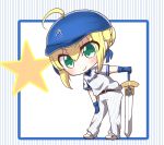  absurdres alternate_costume artoria_pendragon_(all) bangs baseball_cap baseball_uniform belt belt_buckle black_belt blonde_hair blue_gloves blue_hat blue_ribbon blush braid buckle closed_mouth commentary_request excalibur eyebrows_visible_through_hair fate/stay_night fate_(series) gloves green_eyes hair_between_eyes hair_bun hair_ribbon hair_through_headwear hand_on_hilt hat highres jako_(jakoo21) leaning_to_the_side long_hair nippon_professional_baseball pants ribbon saber shirt shoes short_sleeves smile solo sportswear standing star striped striped_background striped_shirt vertical-striped_background vertical-striped_pants vertical-striped_shirt vertical_stripes very_long_hair white_footwear white_pants white_shirt yokohama_dena_baystars 