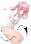 ass blush bottomless breasts commentary_request demon_tail looking_at_viewer lying murio nana_asta_deviluke no_panties on_side pink_eyes pink_hair purple_eyes shirt signature simple_background small_breasts solo tail to_love-ru twintails white_background white_shirt 