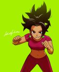  black_eyes black_hair bracelet character_name clenched_hands dragon_ball dragon_ball_super earrings eyelashes fighting_stance fingernails green_background hachibani jewelry kefla_(dragon_ball) legs_apart looking_at_viewer pants ponytail potara_earrings red_pants red_shirt shirt simple_background smile solo spiked_hair standing tank_top 