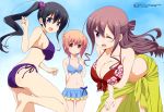  absurdres arm_up ass bikini black_hair blue_eyes breast_hold breasts brown_hair cleavage eyebrows_visible_through_hair hair_ribbon hannen_hiroe highres ichinose_hana kyouzuka_shion large_breasts long_hair medium_breasts megami multiple_girls navel official_art one_eye_closed open_mouth orange_eyes purple_background purple_eyes red_bikini_top ribbon sarong shouji_shou simple_background slow_start small_breasts smile swimsuit swimwear 