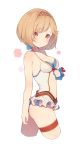  arm_at_side arm_behind_back bangs bare_arms bare_shoulders blush bow breasts brown_eyes casual_one-piece_swimsuit center_opening cleavage closed_mouth commentary_request cowboy_shot cropped_legs djeeta_(granblue_fantasy) eyebrows_visible_through_hair frilled_swimsuit frills from_side gin00 granblue_fantasy hairband halterneck hand_up highres looking_at_viewer medium_breasts one-piece_swimsuit parted_lips red_bow short_hair simple_background solo standing stomach swimsuit swimsuit_skirt thigh_strap white_background white_swimsuit 