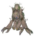  breasts closed_mouth dryad full_body gem kneeling land_of_caromag large_breasts leaf looking_at_viewer monster_girl no_pupils official_art robot_joints simple_background solo walzrj white_background yellow_sclera 