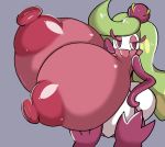  2018 areola big_breasts breasts eyelashes female flora_fauna green_hair hair huge_breasts humanoid hyper hyper_breasts long_hair nintendo nipples not_furry petronoise plant pok&eacute;mon pok&eacute;mon_(species) simple_background solo tsareena video_games wide_hips 