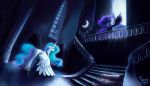  2018 cosmic_hair crying detailed_background digital_media_(artwork) duo equine feathered_wings feathers female feral friendship_is_magic horn inside mammal moon my_little_pony nemo2d night nightmare_moon_(mlp) princess_celestia_(mlp) stairs tears white_feathers winged_unicorn wings 