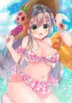  :d bangs bikini bikini_skirt blue_ribbon blush breasts cleavage clenched_hand commentary english_commentary flower food frilled_bikini frills green_eyes grey_hair hair_ribbon hat hat_flower innertube long_hair looking_at_viewer medium_breasts moe2018 nanahachi navel open_mouth original plaid plaid_bikini popsicle ribbon side-tie_bikini smile solo sparkle straw_hat swimsuit water wrist_flower 