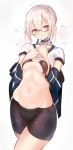  ahoge artoria_pendragon_(all) bangs bikini_top black-framed_eyewear black_bikini_top black_choker black_shorts blonde_hair blue_jacket blush breast_suppress breasts choker closed_mouth collarbone commentary_request cowboy_shot fafas68 fate/grand_order fate_(series) glasses hands_on_own_chest head_tilt highres hips jacket looking_at_viewer mysterious_heroine_x_(alter) navel off_shoulder open_clothes open_jacket shiny shiny_hair shiny_skin shirt shirt_lift short_hair short_sleeves shorts simple_background small_breasts solo standing steaming_body stomach underboob white_background white_shirt yellow_eyes 