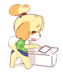 2018 animal_crossing anus bedroom_eyes blush bottomless buckteeth canine clothed clothing digital_media_(artwork) dog dot_eyes female fur half-closed_eyes hi_res horny_(disambiguation) isabelle_(animal_crossing) looking_at_viewer looking_back mammal nintendo panting paperclip_(artist) pussy pussy_drip pussy_juice raised_skirt rear_view seductive simple_background skirt solo standing sweat sweater teeth video_games white_background yellow_fur 