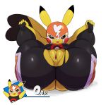  2018 big_butt butt cleft_tail cosplay_pikachu female looking_at_viewer nintendo open_mouth pikachu pikachu_libre pok&eacute;mon pok&eacute;mon_(species) presenting presenting_pussy pussy short_stack simple_background slightly_chubby solo spread_legs spreading sssonic2 super_smash_bros tongue tongue_out video_games white_background 