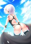  ass bandaged_arm bandages bangs bare_shoulders black_legwear black_swimsuit blue_sky cloud commentary day eyebrows_visible_through_hair facial_scar fate/grand_order fate_(series) green_eyes hair_between_eyes head_tilt highres jack_the_ripper_(fate/apocrypha) looking_at_viewer looking_back open_mouth outdoors scar scar_across_eye scar_on_cheek shoulder_tattoo silver_hair sky solo sunlight swimsuit tattoo thighhighs zuizhong 