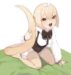  :d anteater_tail arm_support bangs beige_legwear black_bow blonde_hair bow bowtie brown_eyes center_frills eyebrows_visible_through_hair frills full_body fur_collar hair_between_eyes hair_bow hair_ornament hairband hand_up juz kemono_friends long_sleeves long_tail looking_at_viewer no_shoes open_clothes open_mouth pantyhose round_teeth shadow short_hair silky_anteater_(kemono_friends) sitting smile solo tail tail_grab teeth tongue tsurime underbust wariza white_background white_bow white_hairband 
