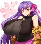  1girl afuro bare_shoulders blush breasts cleavage_cutout dress fate/extra_ccc fate/grand_order fate_(series) female gigantic_breasts hair_ornament hair_ribbon long_hair looking_at_viewer o-ring passion_lip pink_eyes purple_eyes purple_hair ribbon see-through simple_background solo standing upper_body 