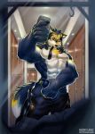  2018 abs agonylight anthro barefoot belt black_nose blue_fur blue_hair canine clothed clothing dakimakura_design fluffy fluffy_tail fur hair hi_res highlights lying male mammal muscular muscular_male necktie on_back opants pecs pose shirt smile solo wolf wolfmalro yellow_eyes yellow_highlights 