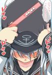  blue_eyes blush collarbone commentary_request covering flat_cap hat hibiki_(kantai_collection) highres horosho kantai_collection long_hair long_sleeves looking_at_viewer nanokah2 open_mouth pregnancy_test school_uniform silver_hair solo translation_request 