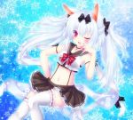  animal_ears azur_lane blush breasts cat_ears cat_tail choker commentary_request fang hair_ribbon long_hair looking_at_viewer medium_breasts midriff mikoto_(mikoto_r_a) navel one_eye_closed open_mouth red_eyes ribbon silver_hair snowflakes solo tail thighhighs twintails yukikaze_(azur_lane) 