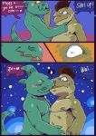  ! &lt;3 ... alien anthro awesomenauts blush clenched_teeth comic cupping_chin dialogue digital_drawing_(artwork) digital_media_(artwork) duo english_text half-closed_eyes hand_on_face hi_res kissing male male/male naughty_face night nipples nude reptile scalie side_view sky slugsdog star sweat teeth text video_games wide_eyed yellow_eyes 