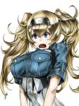  bangs blonde_hair blue_eyes blue_jacket breast_pocket breasts buttons commentary_request corset denim denim_jacket gambier_bay_(kantai_collection) hairband headband jacket kantai_collection kurou_(bcrow) large_breasts long_hair open_mouth pocket shiny shiny_hair shirt short_sleeves simple_background solo twintails underbust upper_body white_background wide-eyed 