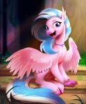  2018 absurd_res avian beak blue_hair detailed_background digital_media_(artwork) feathered_wings feathers female feral friendship_is_magic hair hi_res hippogryph imalou looking_at_viewer multicolored_hair my_little_pony open_beak open_mouth open_smile pink_feathers purple_eyes silverstream_(mlp) smile solo two_tone_hair white_hair wings 