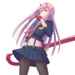  commentary_request company_connection cosplay darling_in_the_franxx fingerless_gloves gloves hair_between_eyes hairband highres holding horns kill_la_kill living_clothes long_hair matoi_ryuuko matoi_ryuuko_(cosplay) midriff navel pantyhose pink_hair pleated_skirt red_eyes red_gloves school_uniform scissor_blade senketsu serafuku simple_background skirt sleeves_rolled_up solo sparkle suspenders trigger_(company) yoruusagi zero_two_(darling_in_the_franxx) 