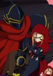  1boy 1girl ainz_ooal_gown armor black_armor black_dress black_gloves black_legwear blonde_hair blush cape carrying chibi cloak dress evileye from_above full_armor gloves gobanme_no_mayoi_neko heart helmet highres hood hooded_cape hooded_cloak imagining jewelry long_hair mask momon_(overlord) night overlord_(maruyama) pantyhose pink_background princess_carry red_cape ruby_(stone) scarf simple_background standing torn_clothes 