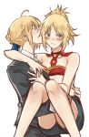  absurdres ahoge arm_around_shoulder artoria_pendragon_(all) bare_shoulders blonde_hair blue_ribbon blue_shorts blush bra braid closed_eyes collared_shirt eyebrows_visible_through_hair fate/grand_order fate_(series) formal french_braid green_eyes hair_ribbon high_ponytail highres incest kiss long_sleeves looking_away mordred_(fate) mordred_(fate)_(all) mother_and_daughter multiple_girls person_carrying red_bra ribbon saber shirt short_hair shorts simple_background sleeveless suit tetsumoru tsurime underwear white_background yuri 