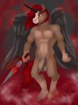  abs balls black_wings clydesdale draft_horse equine flaccid forelocks hair hooves horn horse hybrid male mammal melee_weapon nipples penis pplover red_eyes red_hair scowling simple_background solo sword weapon winged_unicorn wings 