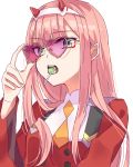  adjusting_eyewear bangs candy commentary_request darling_in_the_franxx eyebrows_visible_through_hair food green_eyes hairband heart heart-shaped_eyewear highres horns lollipop long_hair mekune open_mouth orange_neckwear pilot_suit pink_hair simple_background solo straight_hair white_hairband zero_two_(darling_in_the_franxx) 