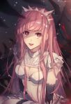  artist_name bangs bra breasts brown_eyes cleavage dominatrix elbow_gloves fate/grand_order fate_(series) frills gloves h_sueun highres long_hair looking_at_viewer md5_mismatch medb_(fate)_(all) medb_(fate/grand_order) medium_breasts open_mouth pink_hair sidelocks skirt smile solo tiara underwear upper_body upper_teeth white_bra white_skirt zelovel 