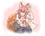  alternate_costume animal_ears blush breasts cleavage clothes_around_waist fate/extella fate/extra fate/grand_order fate_(series) fox fox_ears fox_tail highres jacket_around_waist large_breasts long_hair looking_at_viewer pink_hair riku_hamano school_uniform shirt skirt smile solo tail tamamo_(fate)_(all) tamamo_jk_(fate) twintails unbuttoned yellow_eyes 