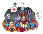  bald beerus black_hair cream crossed_arms dougi dragon_ball dragon_ball_super earrings egg egyptian_clothes eyelashes food fruit hachibani ice_cream jewelry kaioushin kuririn long_sleeves looking_at_another male_focus mohawk multiple_boys nervous number pointy_ears potara_earrings rou_kaioushin serious simple_background sitting staff strawberry sweatdrop tail tenshinhan thought_bubble twitter_username whis white_background wristband 