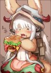  animal_ears bangs blunt_bangs blush_stickers brown_background drooling ears_through_headwear eyebrows_visible_through_hair food fur furry hamburger highres holding holding_food horns lettuce long_hair made_in_abyss meat mustard nanachi_(made_in_abyss) navel open_mouth pouch saliva sitting solo star star-shaped_pupils suurin_(ksyaro) symbol-shaped_pupils tail topless twitter_username very_long_hair whiskers white_hair yellow_eyes 