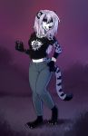  5_fingers anthro barefoot black_nose civet clothed clothing female hair mammal purple_background simple_background skeleion smile solo viverrid white_hair 