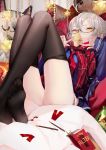  1girl ahoge blonde_hair fate/grand_order feet glasses heroine_x_alter highres looking_at_viewer pocky potato_chips scarf sheer_legwear soles stuffed_animal toes yellow_eyes 