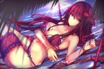  antiqq bikini bracelet breasts cleavage fate/grand_order fate_(series) flower gae_bolg hair_flower hair_ornament hibiscus jewelry large_breasts leg_garter looking_at_viewer lying navel on_back palm_tree partially_submerged pink_bikini purple_bikini purple_hair red_eyes scathach_(fate)_(all) scathach_(swimsuit_assassin)_(fate) swimsuit tree water 