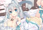  animal_ears barefoot blue_eyes braid breasts cat_ears cherry_blossoms cleavage fang frills hair_ornament highres long_hair looking_at_viewer lying medium_breasts on_stomach open_clothes open_mouth original panties petals satsuki_mayuri silver_hair solo underwear x_hair_ornament 