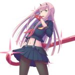  commentary_request company_connection cosplay darling_in_the_franxx fingerless_gloves gloves green_eyes hair_between_eyes hairband highres holding horns kill_la_kill living_clothes long_hair matoi_ryuuko matoi_ryuuko_(cosplay) midriff mouth_hold navel pantyhose pink_hair pleated_skirt red_gloves school_uniform scissor_blade senketsu serafuku simple_background skirt sleeves_rolled_up solo sparkle suspenders trigger_(company) white_hairband yoruusagi zero_two_(darling_in_the_franxx) 