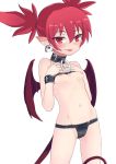  ass_visible_through_thighs bangs bare_shoulders belt belt_buckle black_belt black_choker black_panties blush breasts buckle choker closed_mouth clothes_lift collarbone cowboy_shot demon_girl demon_tail disgaea earrings etna eyebrows_visible_through_hair eyes_visible_through_hair groin hair_between_eyes hands_on_own_chest hands_up hip_bones jewelry legs_apart lifted_by_self makai_senki_disgaea midriff navel o-ring o-ring_choker panties pointy_ears red_eyes red_hair red_wings ribs short_hair short_twintails simple_background skull skull_earrings small_breasts solo standing stomach suga_saru tail tongue tongue_out tsurime twintails underwear white_background wings 
