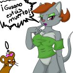  2018 angry anthro big_breasts breasts cat clothed clothing digital_drawing_(artwork) digital_media_(artwork) duo embarrasing eyeshadow fairly_oddparents feline female fur hair makeup male mammal model_sheet mouse nickelodeon open_mouth principericardo rodent simple_background spanish_text teeth text timmy_turner vicky young 