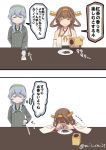  2koma brown_hair closed_eyes comic commentary_request grey_hair hairband kantai_collection kongou_(kantai_collection) long_sleeves misumi_(niku-kyu) multiple_girls nontraditional_miko snorting speech_bubble translation_request twitter_username yamagumo_(kantai_collection) 