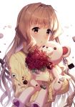  bangs blonde_hair blush brown_eyes comic eyebrows_visible_through_hair flower jinguuji_marimo marimo muvluv parted_lips red_flower red_rose rose rosuuri shaded_face shadow sidelocks simple_background stuffed_animal stuffed_toy teddy_bear valentine 